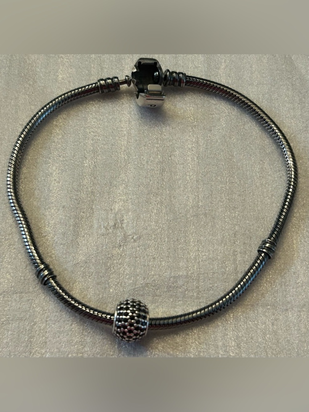 Pandora Black/Silver Charm Bracelet with Barrel Clasp & FREE Black Crystal Charm